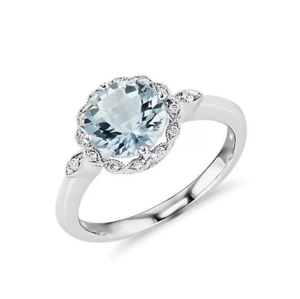 AQUAMARINE AND DIAMOND HALO RING IN 14K WHITE GOLD (8MM)